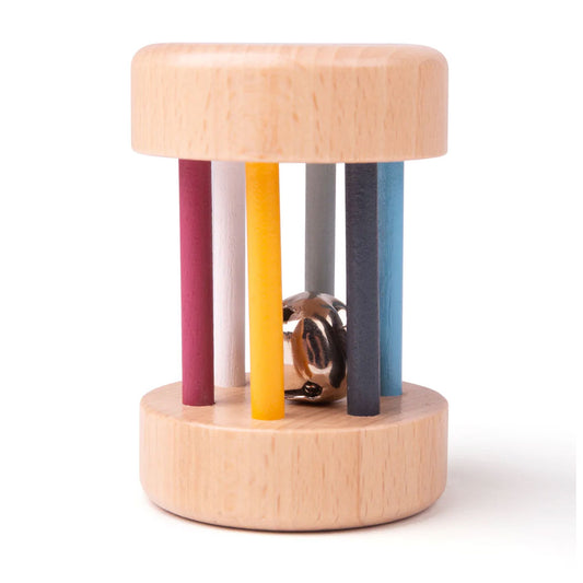 Shake, rattle, and roll this gorgeous Bigjigs FSC wooden roll rattle! This beautiful wooden rattle is painted with six different child-friendly colours and comes complete with a shiny bell. 