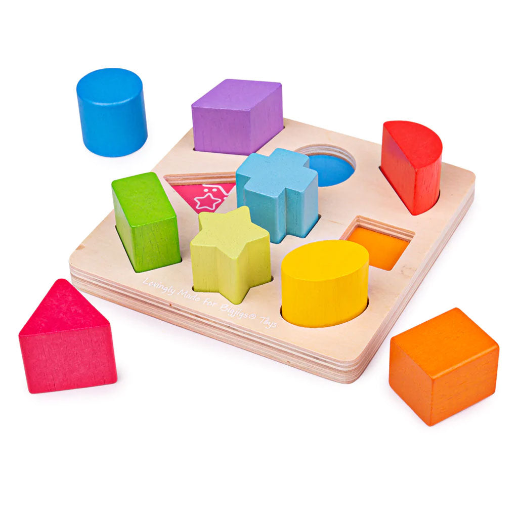 Match each of these chunky, brightly coloured wooden shapes to the correct slot on the base board. When playtime's over, all of the blocks can be stored in the base tray. Helps to develop dexterity and concentration.