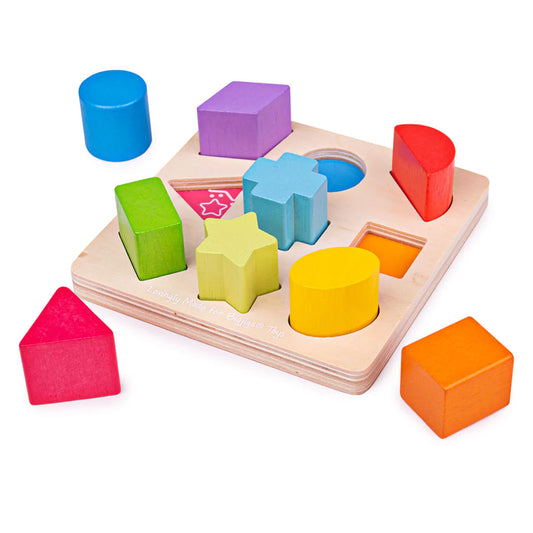 Match each of these chunky, brightly coloured wooden shapes to the correct slot on the base board. When playtime's over, all of the blocks can be stored in the base tray. Helps to develop dexterity and concentration.