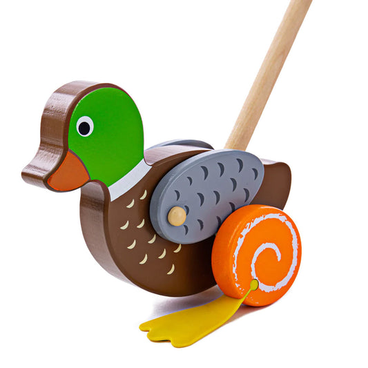 Balance and movement are at the forefront of this colourful Duck Push Along Toy. Watch as your little one pushes it across the floor, holding the easy to grip handle.  As your tot pushes and pulls the wooden push along toy duck around, its feet will flap on the floor providing entertainment for all! 
