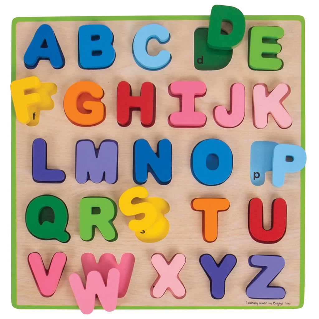 Learning the alphabet and how to spell need not be daunting with the help of this brightly coloured wooden puzzle. Each individual letter is colour co-ordinated with its base slot to help develop recall and recognition skills. Each chunky wooden puzzle piece is generously sized to make it easier for little hands to lift, grasp, examine and replace. 