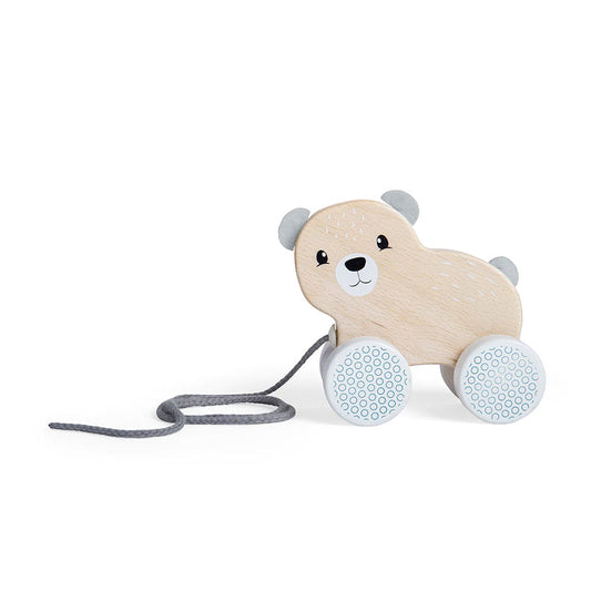 Go on an adventure around the playroom with the Bigjjgs FSC Bear Wooden Pull Along Toy. With his sweet face and bright blue felt ears & tail, Mr Bear is great for developing tots’ mobility as they pull him along. 