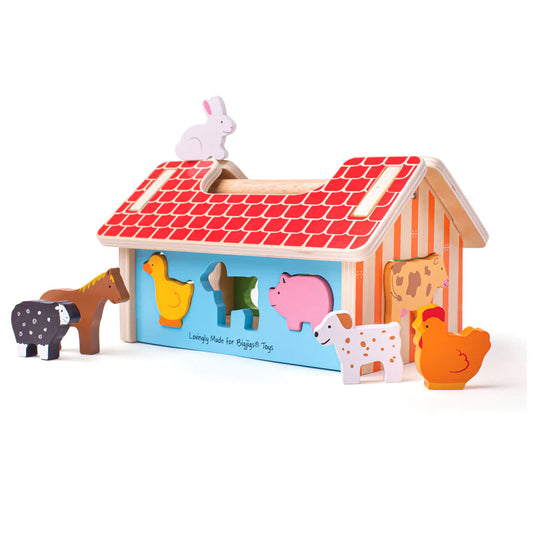 This lovely Bigjigs Farmhouse Shape Sorter comes with 8 vibrant farm animals and of course, the wooden farm. Tots will enjoy matching each animal to its uniquely shaped slot on the wall of the farmhouse. 