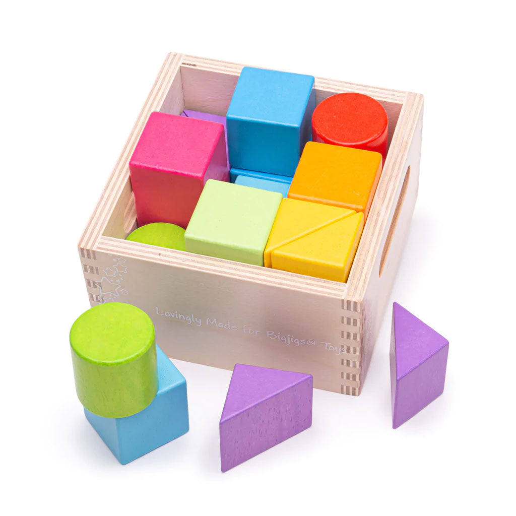 A classic introduction to shapes and colours. This lovingly created box of blocks contains brightly coloured wooden blocks in assorted colours and shapes. The wooden box has built in carrying handles that are easy for little fingers to grasp and makes the perfect storage solution.