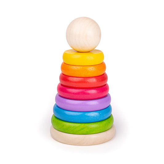 Learn all about size, from the biggest to the smallest, with this colourful rainbow stacking toy that features wooden hoops to stack on the pole. The stacking pole folds flush with the stand when it's empty, for optimum safety and convenience.
