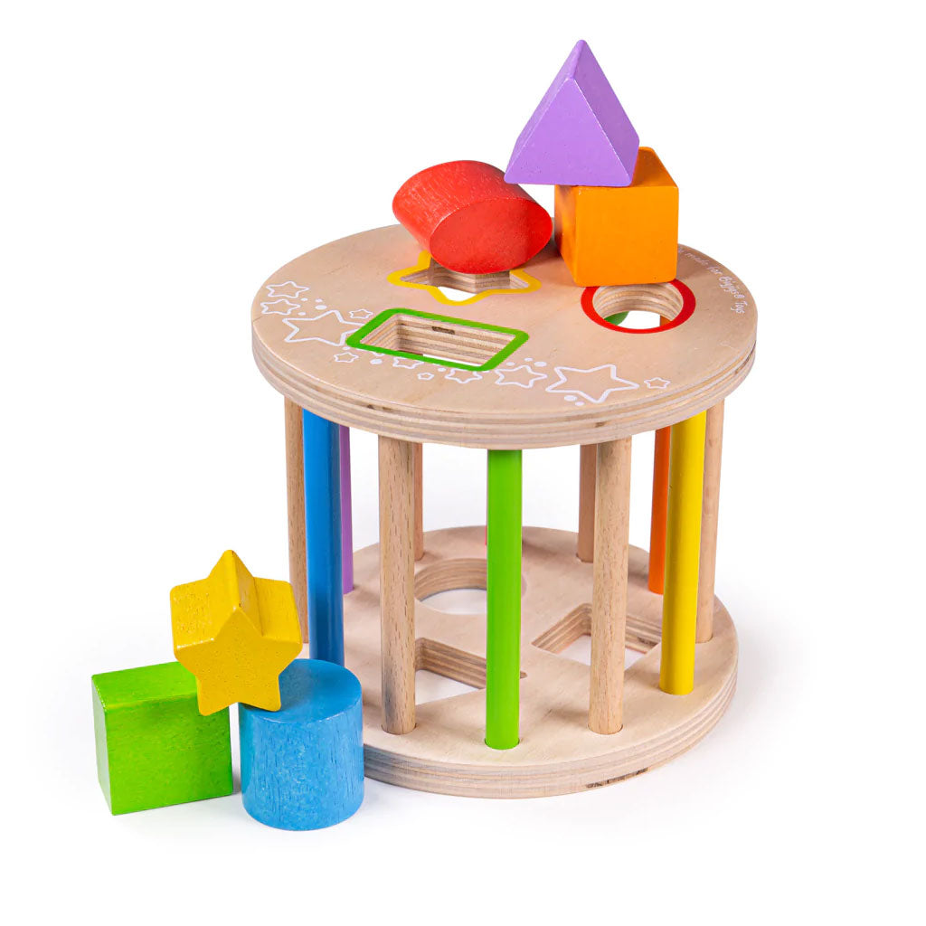 Slot the colourful wooden shapes through the correct slot on the top of this Rolling Shape Sorter. Once full, this unique wooden shape sorter can be rolled along to hear all of the shapes rattle around inside!