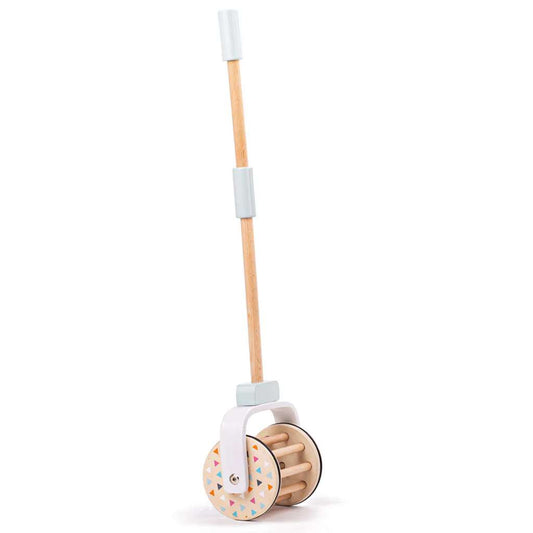 Push the musical roller along the ground, the bell swings around the wooden bars to create a charming musical sound.