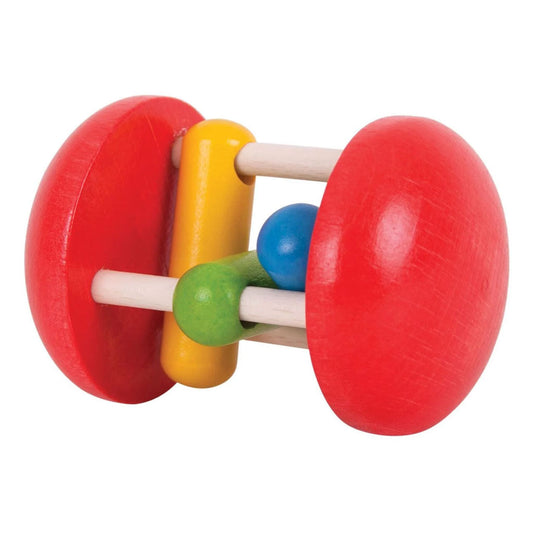 This rattle will delight your little one as the three colourful wooden blocks swing around when the rattle is rolled or shaken and click against the rattle supports.