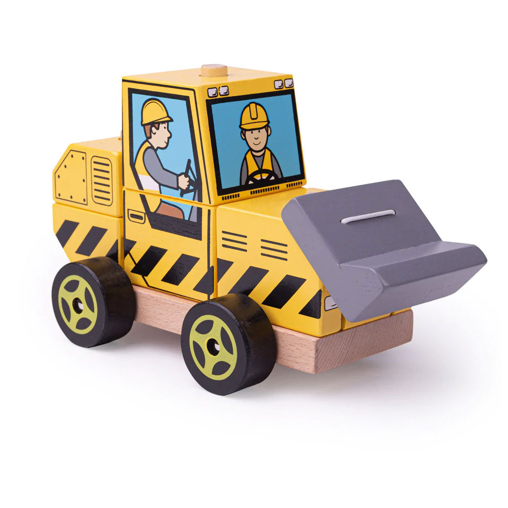 Here comes the Bigjigs Toys Stacking Bulldozer! The bright yellow wooden stacking toy is painted with construction-style patterns and features its own bulldozer driver. This push along wooden toy is two toys in one!
