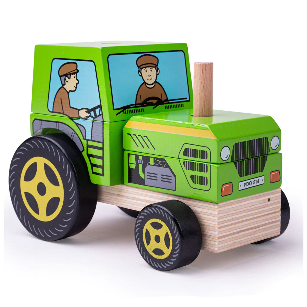 The Farmer is on his way to a new countryside adventure in the Bigjigs Toys Stacking Tractor. This vibrant green wooden stacking toy has fine painted detailing and looks similar to the real thing!
