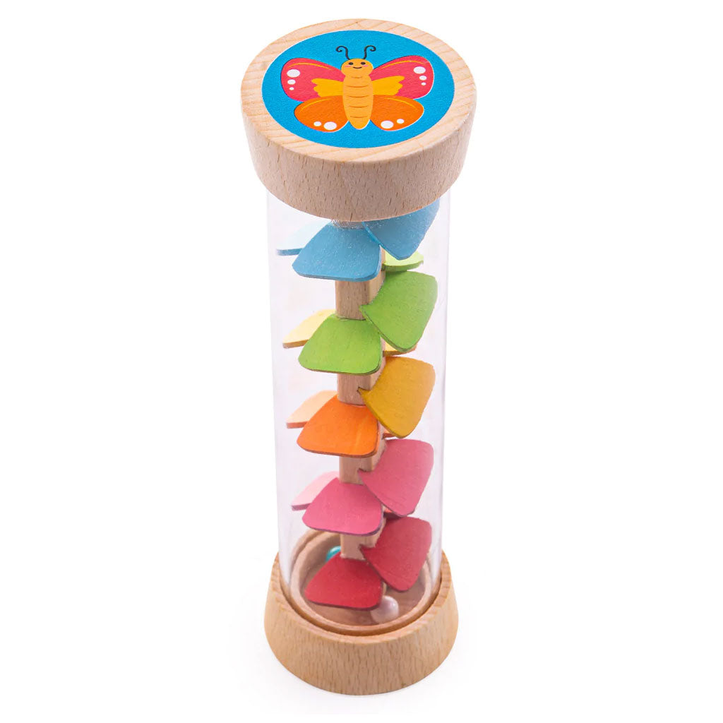 The ideal baby sensory toy. This Bigjigs rainmaker sensory toy has been specially designed for busy little hands and to encourage hand-eye coordination as they roll, shake and turn the rainmaker.