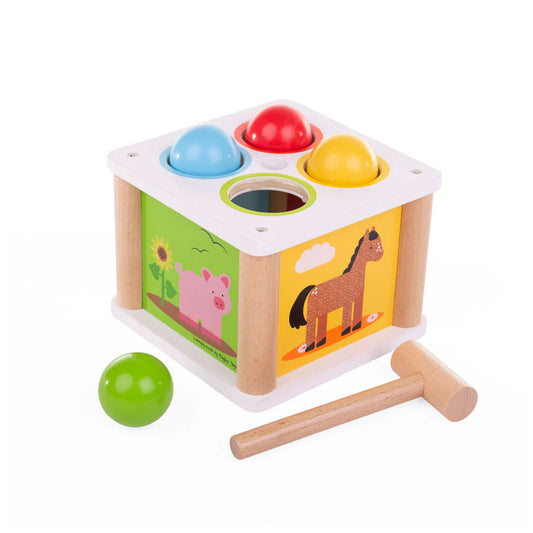 Tap Tap Ball is a fun wooden toy designed to engage children’s dexterity and hand-eye coordination as they tap the balls into the holes. Develop colour recognition by challenging little ones to put the balls in the correct coloured holes before using the wooden hammer to tap-tap them through!