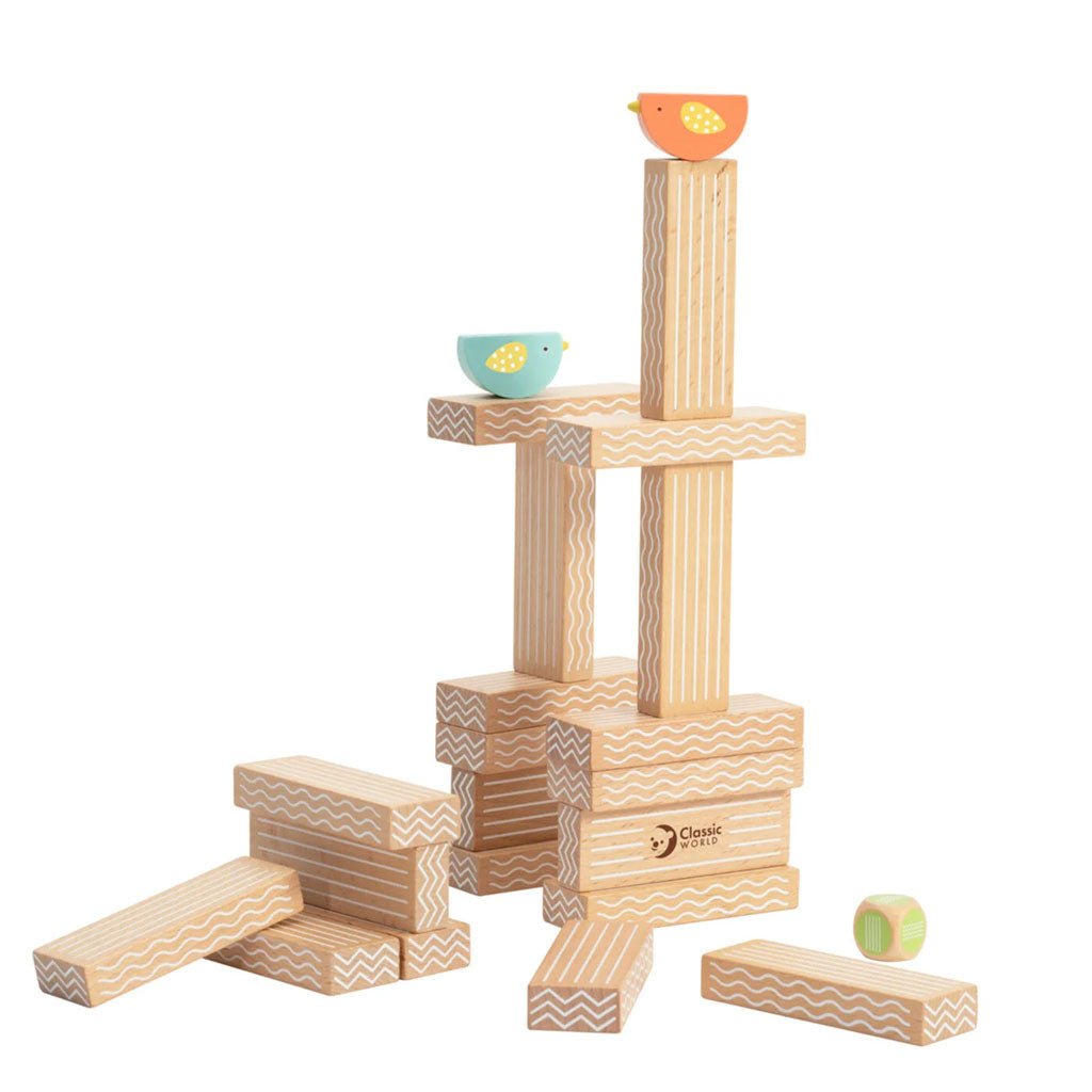 Made up of beautifully decorated wooden blocks and 2 divine little birds this toy set is extremely versatile. The die determines what side of the block you can stack with. This can be used to make a game with a friend to stack the highest tower and still balance a little bird on it.