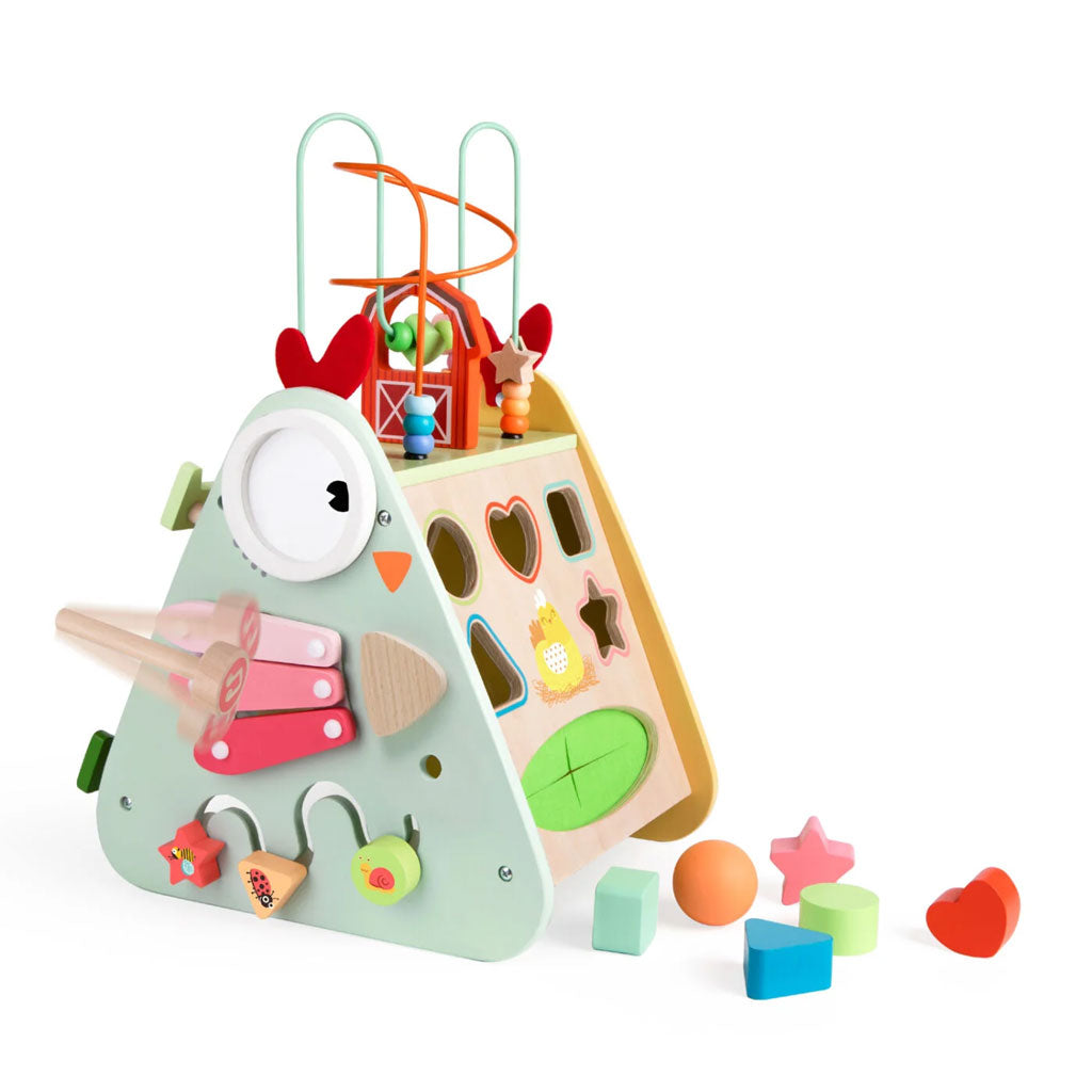 The happy hen activity box is an interactive toy for little people to enjoy and construct in whichever way they want. Its many different functions, including a detachable wing and rattle, allows children to play for hours and expand their building and constructing skills. Made from wood and metal so simply wipe to clean. To tidy, lift the top off and simply store all the blocks within the hen for super easy storage!