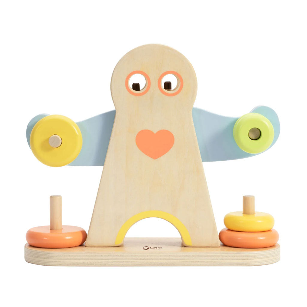 This clever and simple balancing game makes little ones use the colourful wooden rings to correctly balance the arms of the little wooden Hercules.