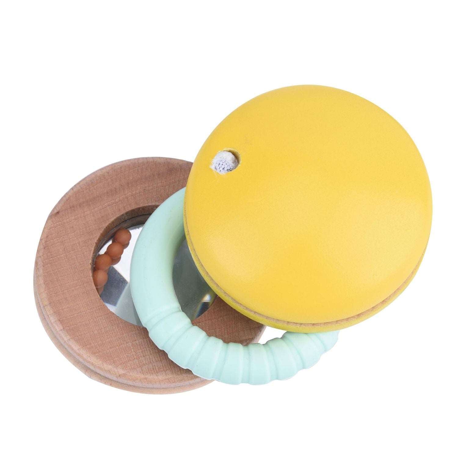 Classic World Wooden Macaroon Baby Rattle, includes little mirror for self recognition. Helps stimulate little ones senses and helps with teething.