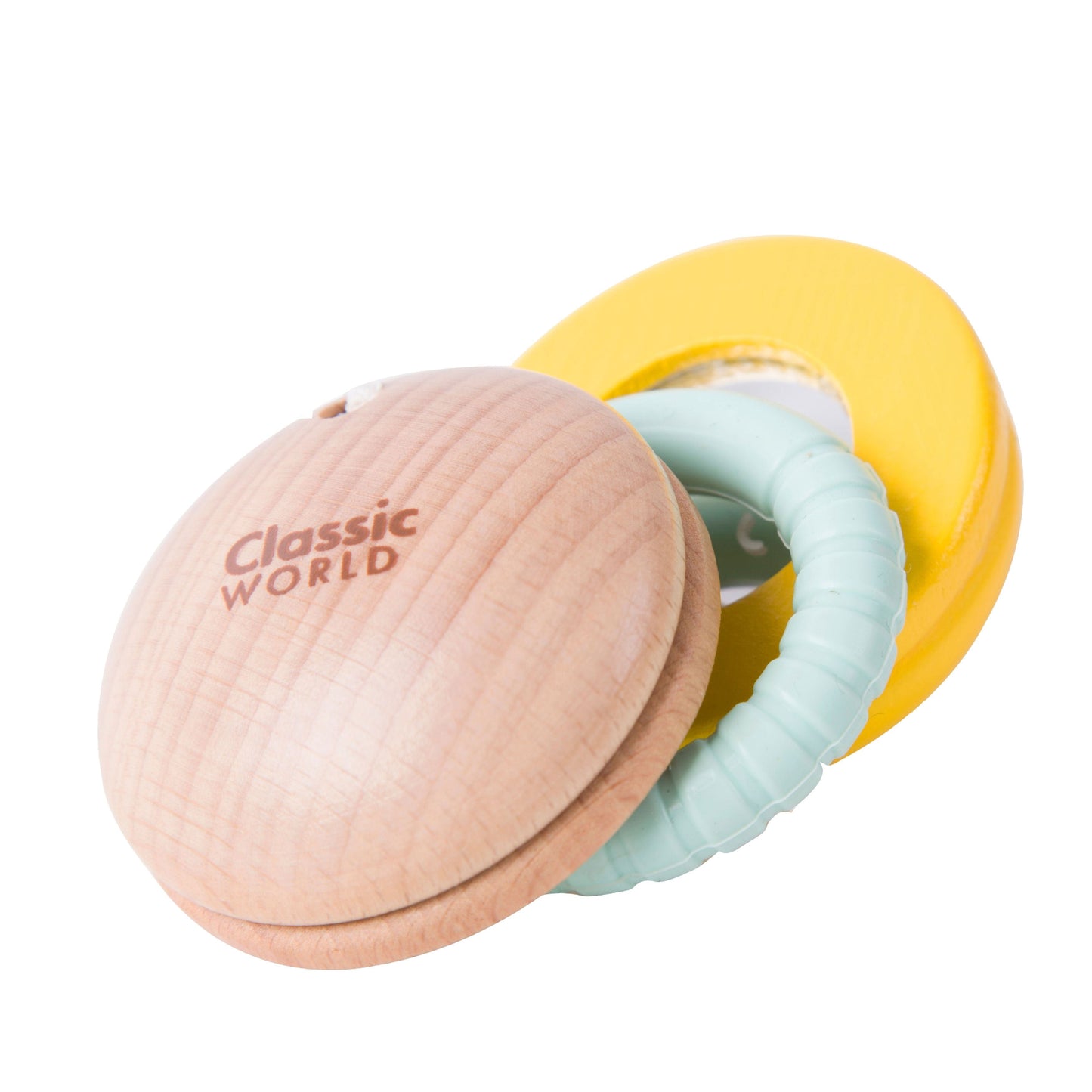 Macaroon shaped baby rattle with a wooden top, soft silicone teething ring, and yellow base, designed for sensory play and teething relief.