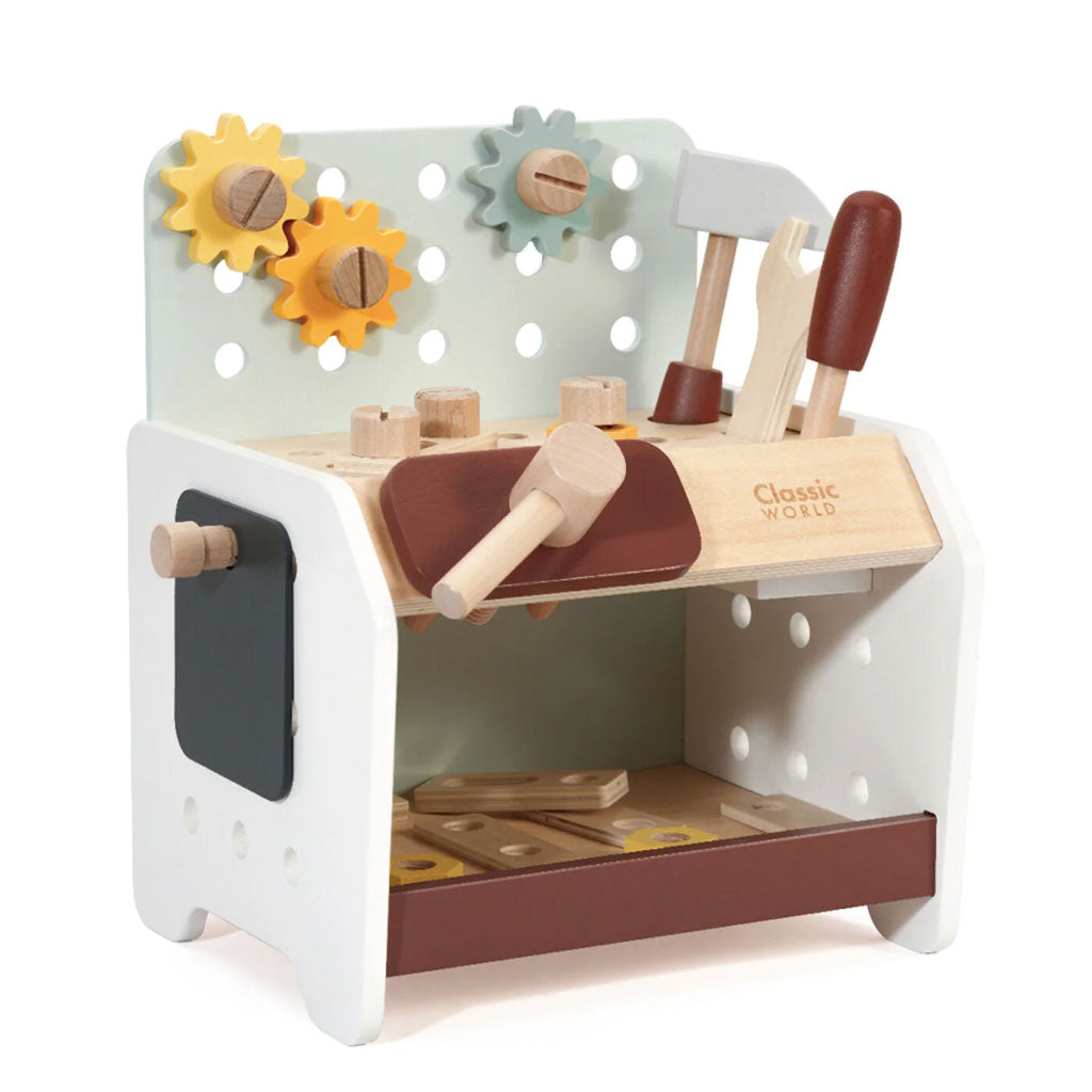 This high quality wooden bench is the perfect workbench to entertain your little one for hours. There are endless possibilities for building, imaginative play, and fine motor skill development with this workbench.  Your young mechanic can write down the days jobs on the chalk board and then use the many tools to enjoy exploring the world around them.