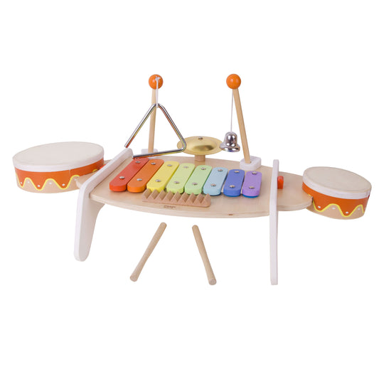 Classic World musical table set. The table includes 6 different instruments to inspire and engage children for hours. Beat the drums, ring the bell, strum the xylophone or make gentle sounds with the triangle.