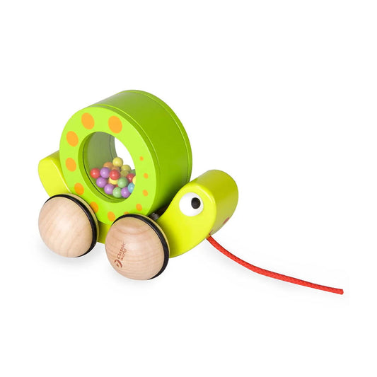Make learning to walk fun for your little one with this cute pull snail toy. As your little one pulls along the snail behind them, the shell of the snail will rattle attracting little one’s attention.
