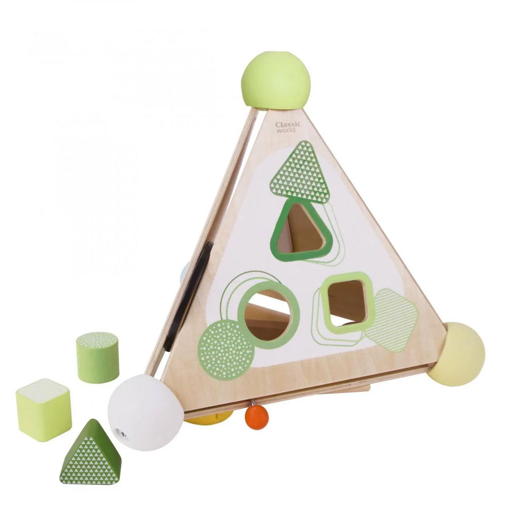 A pyramid activity box which will help to develop a variety of your child’s skills. The pyramid box has 4 different sides which include several functions to stimulate your little ones senses whilst having fun!