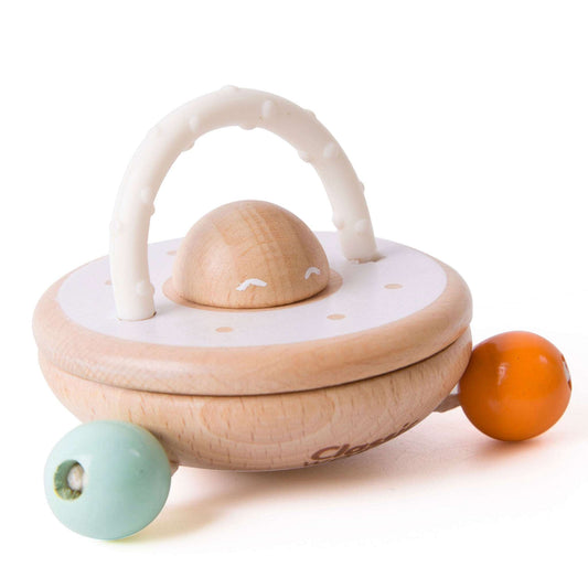A wooden UFO-shaped baby rattle featuring a soft silicone teething ring and colourful beads, designed to soothe gums and stimulate the senses.