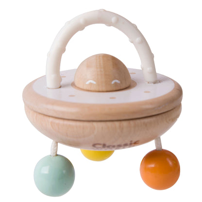 A wooden UFO-shaped baby rattle with a soft teething ring and three dangling colourful beads, perfect for sensory and teething relief.