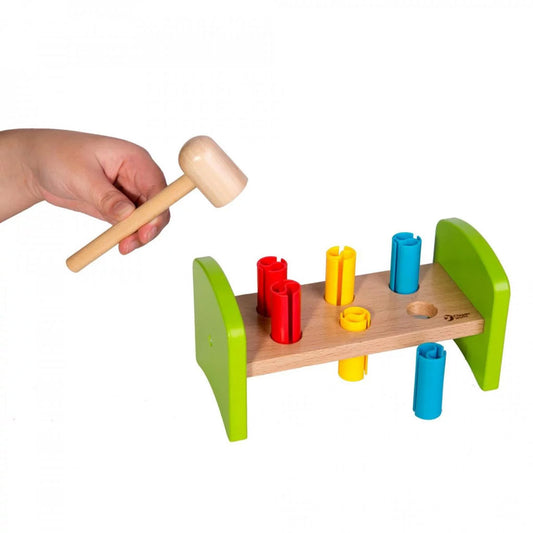 Colourful wooden pounding bench with 6 pegs and a hammer that will help your little one develop their hand-eye coordination and arm strength.