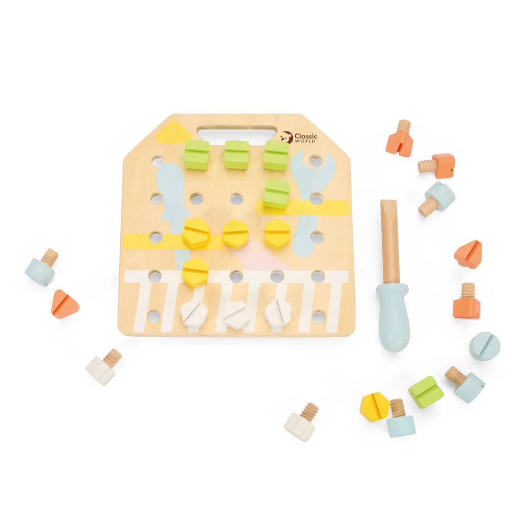The Classic World Screw Board encourages young ones to enhance their hand-eye coordination whilst deciding which type of screw can fit in which hole. Little ones can safely practise the act of inserting and removing screws from their holes using the screwdriver provided.