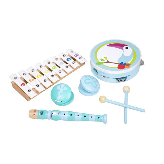 7-piece wooden music set Set includes: xylophone, flute, tambourine and castanets Helps encouarge musical creativity