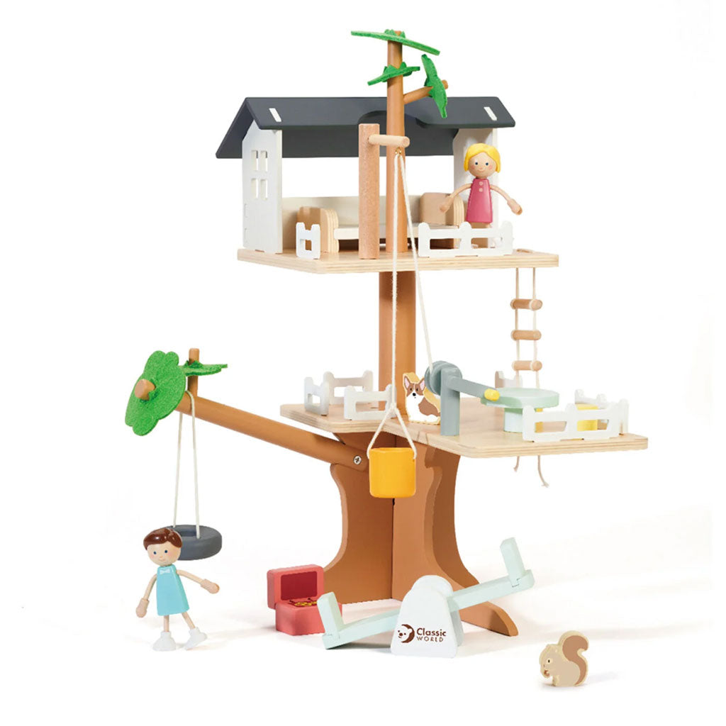 This beautifully designed Classic World wooden tree house has so many ways for your little one to play with it! It has 2 human figurines, 2 animals and great accessories including a swing, bucket on a pulley, seesaw, bed, treasure chest and chairs.