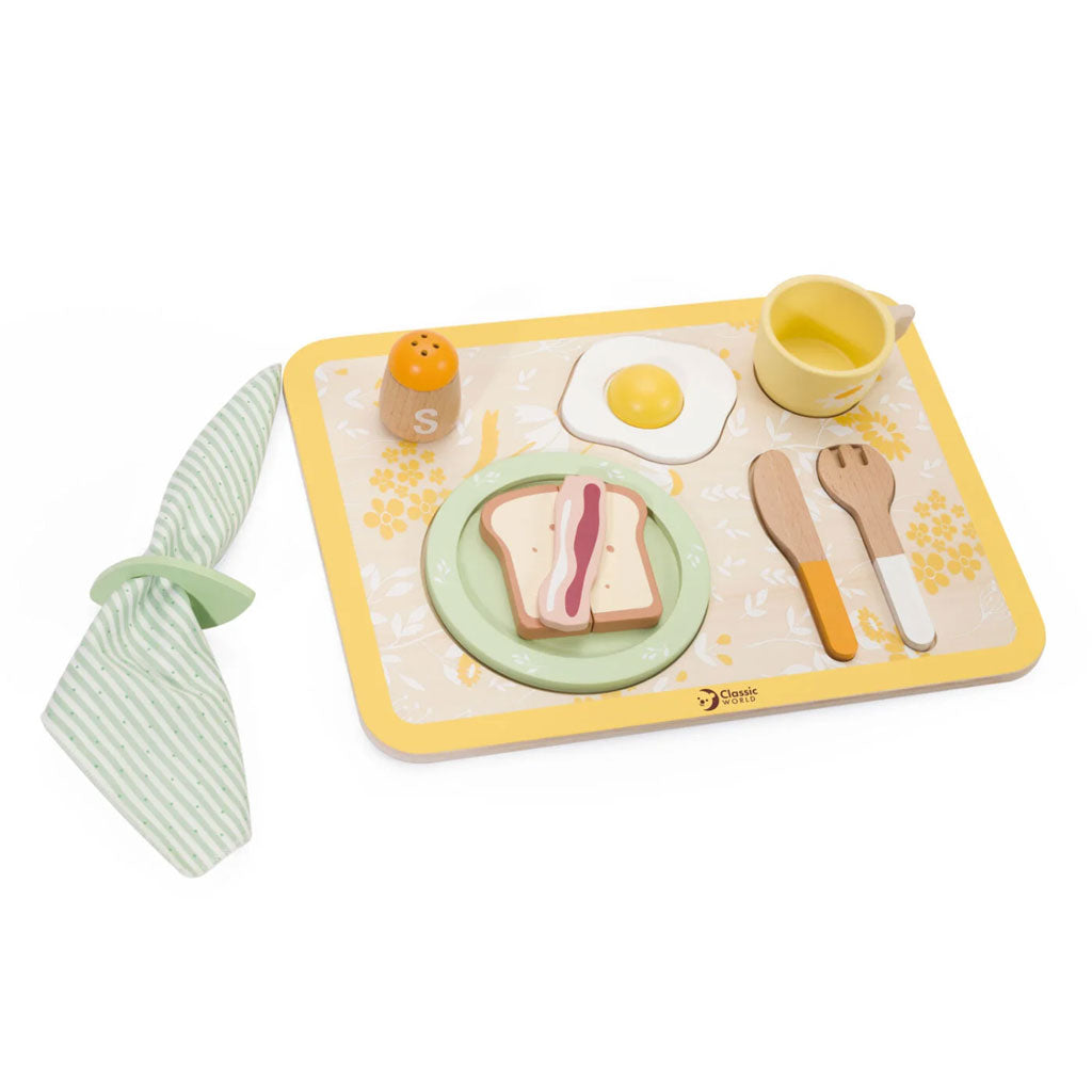 Choose a healthy breakfast with this Classic World Vintage Breakfast Tray. This yummy set includes a poached egg, bacon and toast, knife and fork and other bits to help you enjoy your breakfast. 