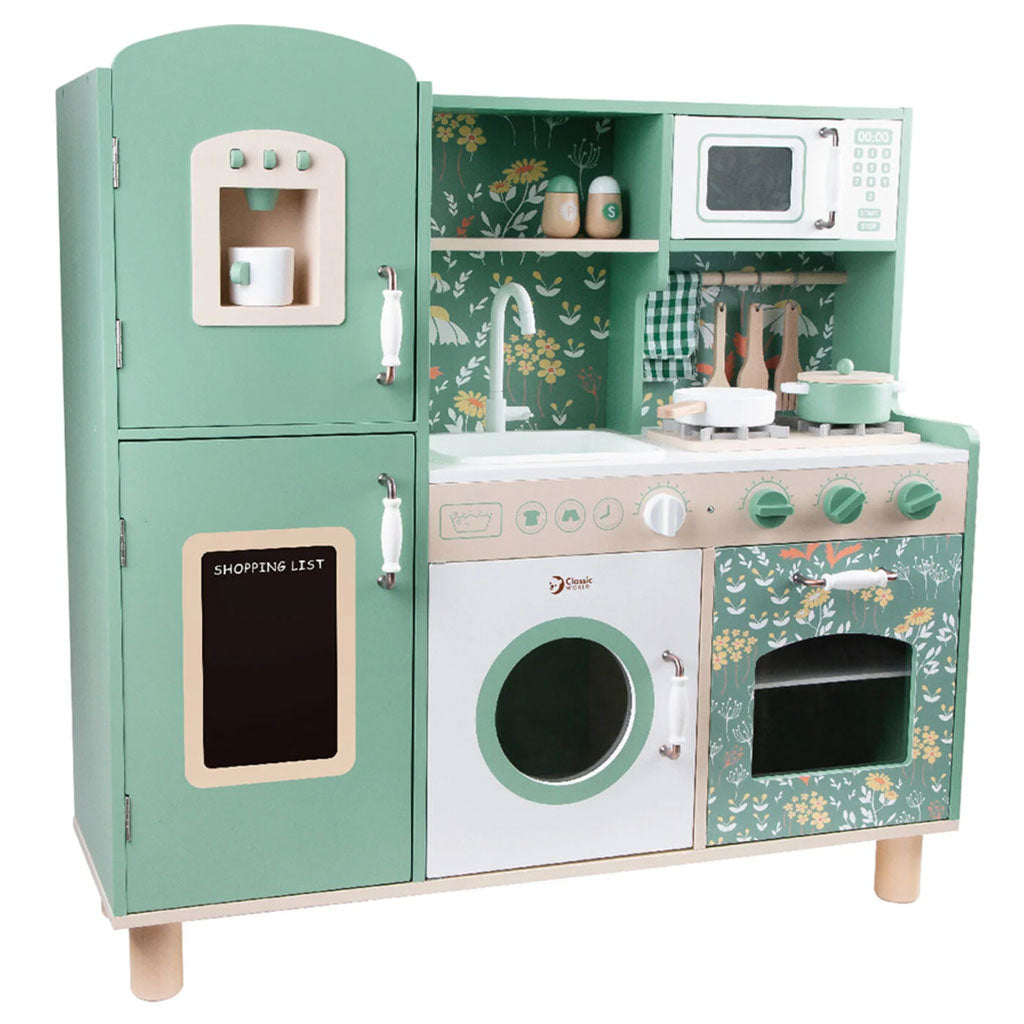 With this Classic World vintage style kitchen your little one can enjoy playing with all the essential elements of a kitchen. This kitchen is big enough to play with friend, developing their communication skills as they cook, wash up, put on a wash in the washing machine, and write a shopping list on the fridge.
