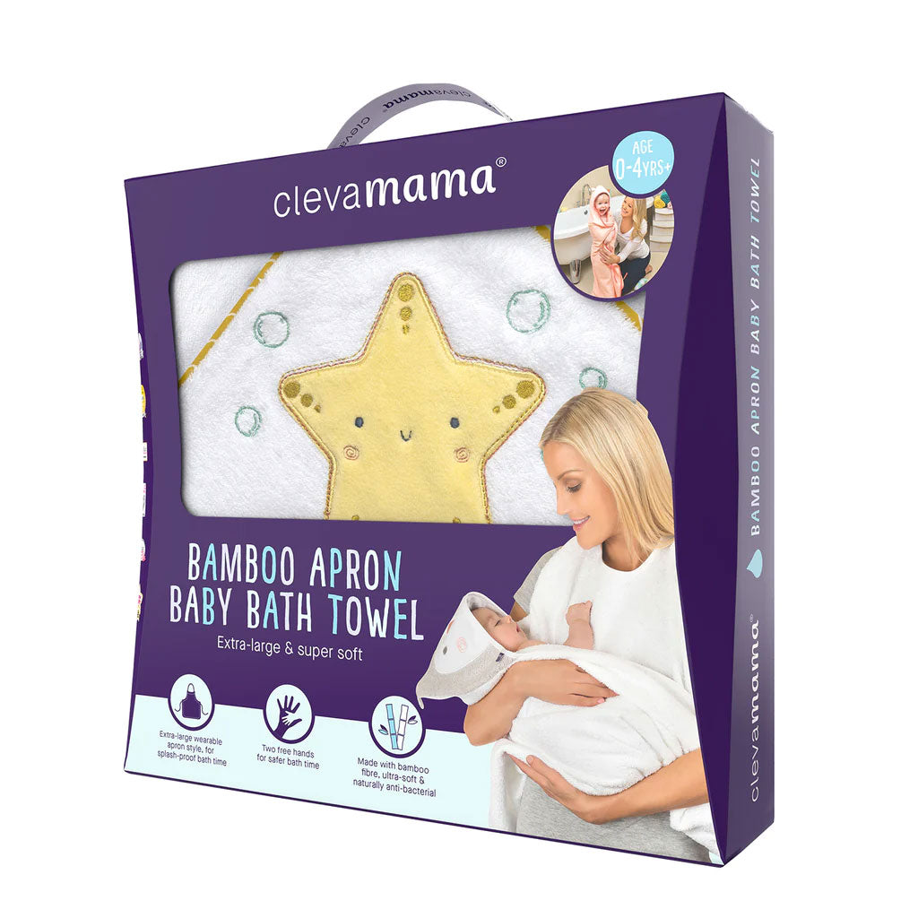 Clevamama XL Bamboo Apron Baby Bath Towel (White & Mustard)