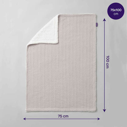 Flat lay of a rectangular grey baby blanket with cable knit texture and white fleece lining, labelled with 75 x 100 cm dimensions.
