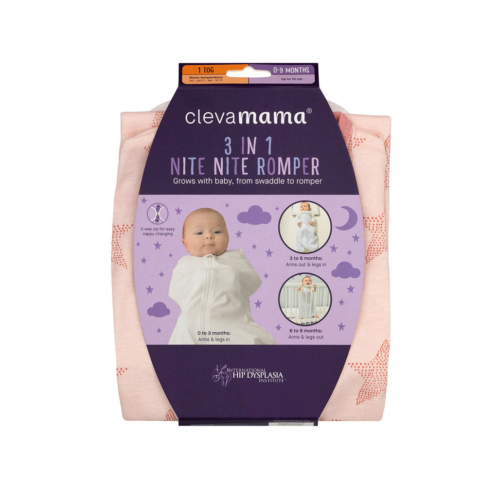Clevamama 3 in 1 Nite Nite Romper & Sleeping Bag - 1.0 Tog (Pink)