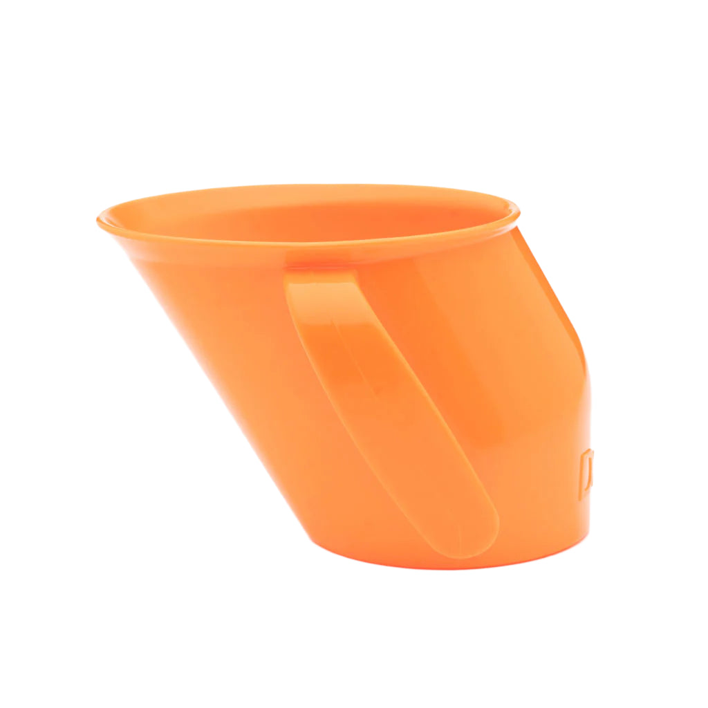 Side view of the slanted orange Doidy Cup. Shows its angled design for natural sipping and early weaning support.