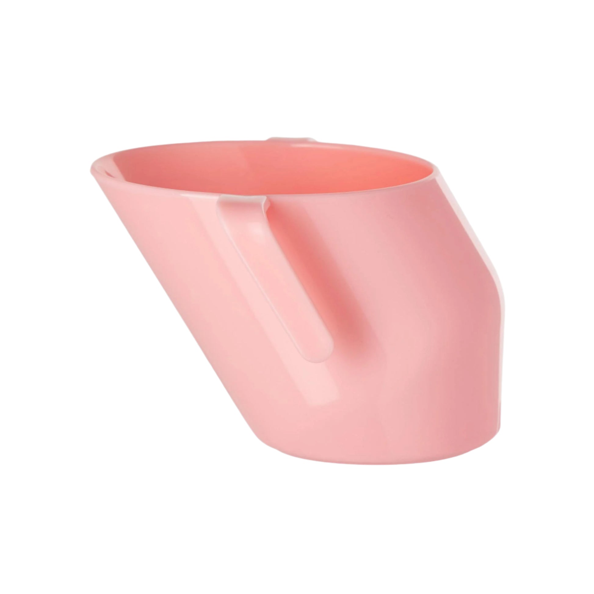 Side view of the slanted pink Doidy Cup. Shows its angled design for natural sipping and early weaning support.