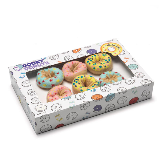 Set of 3 pairs of colourful socks, rolled up like doughnuts. Presented in Dooky Gift Box.