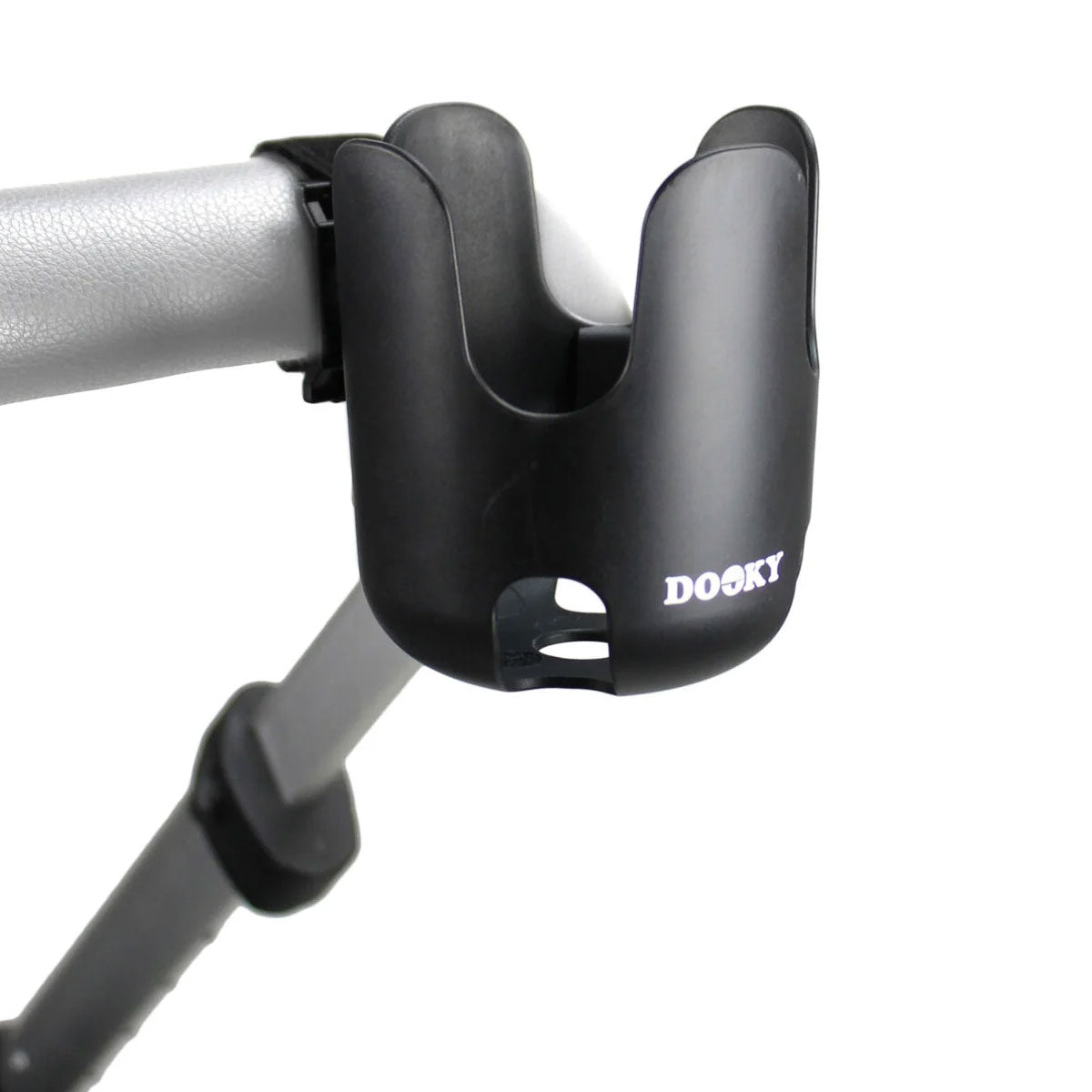 The Dooky cup holder! This universal cup holder is easy to attach to any pram, pushchair, buggy, or stroller.