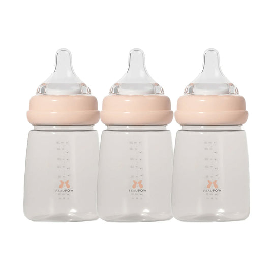 Large capacity pack of 3 milk storage & feeding bottles. Each bottle holds 200ml liquid and comes with either a feeding teat or secure lid;