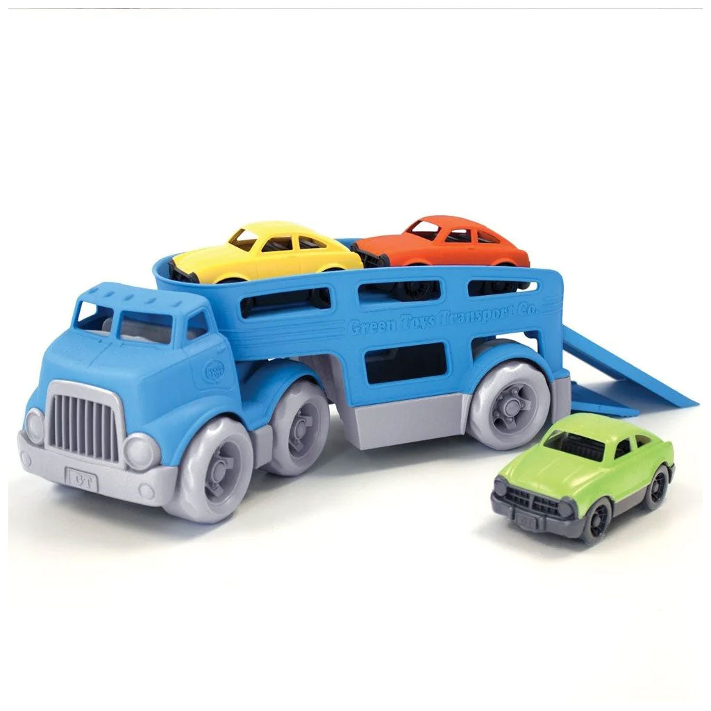 The car loader truck toy has zero metal axels or small parts so is safe for tots to play with. Encourages motor skill development and imaginative play. The 5 piece set includes cab with detachable trailer and 3 brightly coloured Mini Cars.