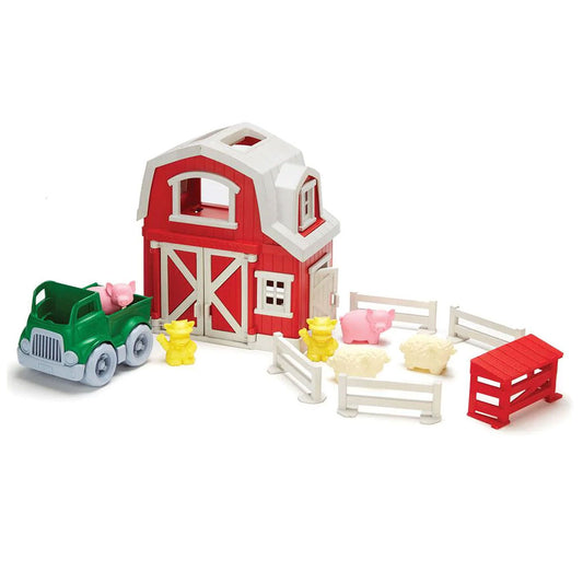 It's a busy day on the Green Toys Farm! Inspiring co-operative play and communication, this playset includes a barn, pick-up truck, farmer cow characters, sheep, pigs, fences and a hog shed for endless imaginative play.