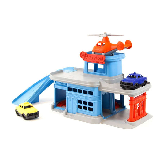 Made in the USA from 100% recycled plastic milk jugs, the toy car garage set includes a Mini Helicopter and two Mini Vehicles, and is compatible with the Green Toys Ferry Boat and Car Carrier. 