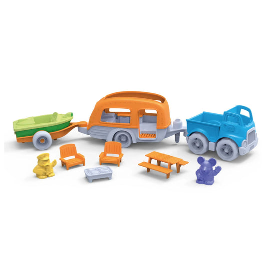 Little hands can play with the vehicles individually or link them up for two feet of creative fun. This adorable Toy Camper Van set also comes packed with two animal characters, two chairs, a picnic table and a camping stove.