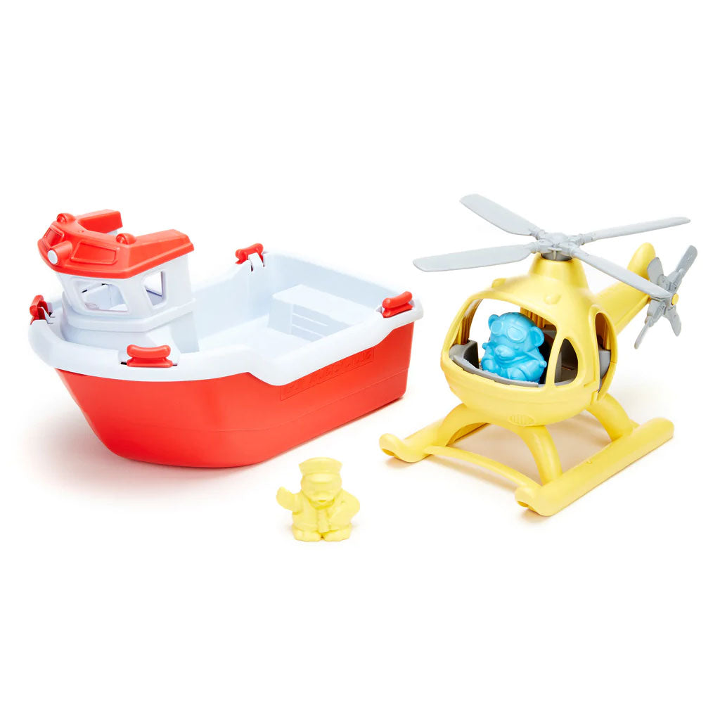 The Green Toys Rescue Boat with Helicopter features a single full-size helicopter as well as a rescue boat that floats and has a wide spout to scoop and pour water. The easy-open design also makes cleaning easy!