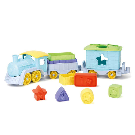 The 12 piece set comes with a blue and yellow train engine, shape sorter car with removable roof, cargo car and four different shapes - a star, circle, triangle and square.