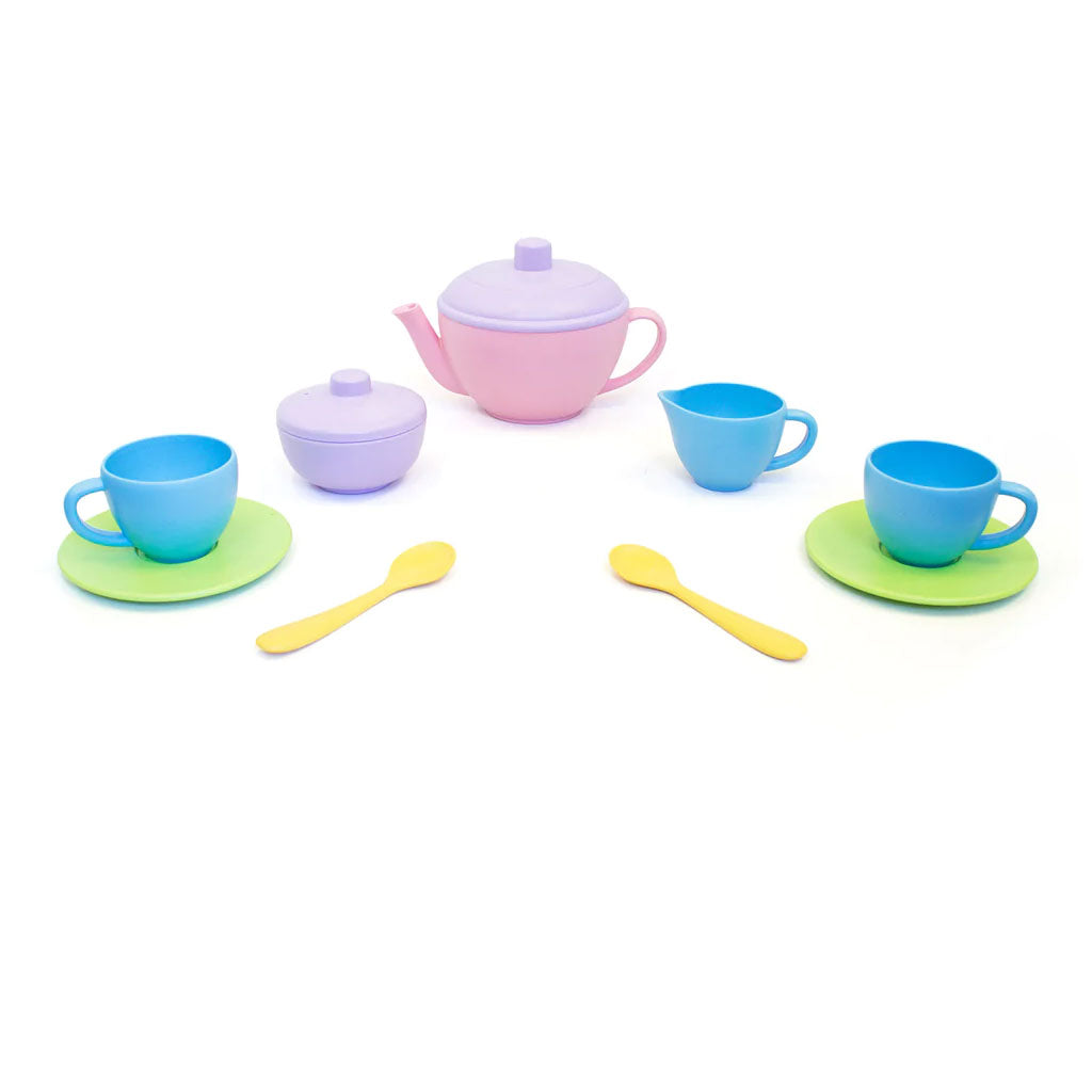 Young hosts can serve up a pot of tea while doing something really good for the earth. Includes a pink teapot, 2 cups and saucers, 2 spoons, a sugar pot and milk jug.