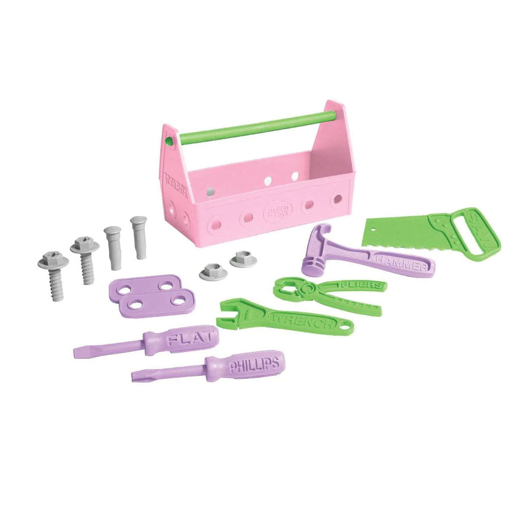 This tool set from Green Toys includes a tool box, Phillips screwdriver, flat screwdriver, hammer, saw, wrench, pliers, two 2-hole connectors, two nails, two bolts and two nuts.