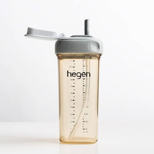 Hegen's Straw Cup is the first of its kind straw cup with a unique one-hand closure. Useful for parents with their hands full, no screw threads, just Press-to-Close, Twist-to-Open™!